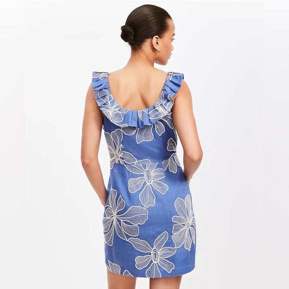 LOFT Floral Embroidered Ruffle Neck Mini Dress - Picture 3 of 4